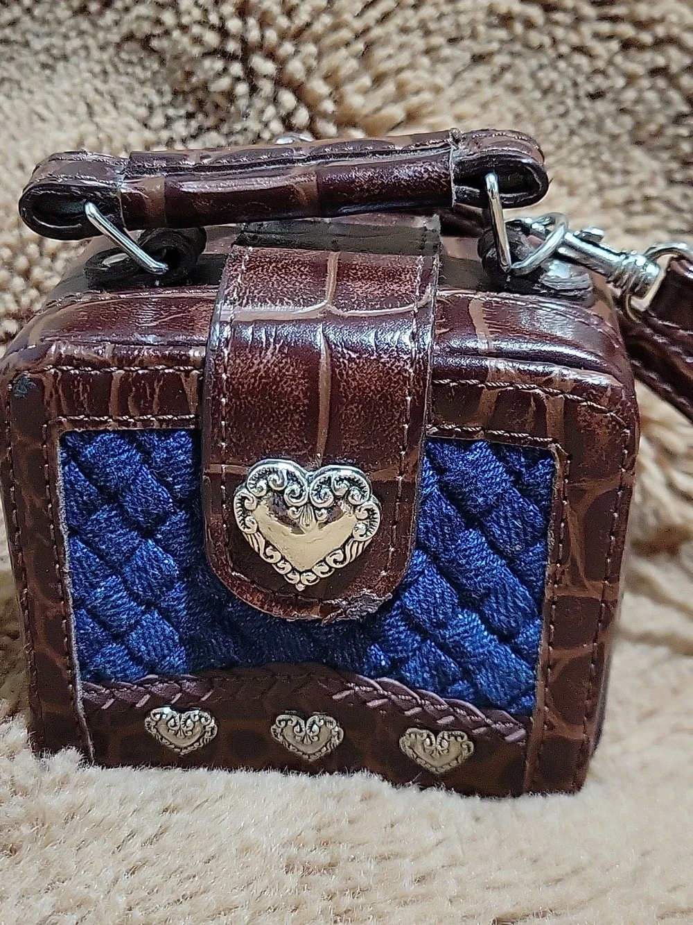 Mini Brown & Blue Heart Accent Crossbody Bag - Picture 2 of 10